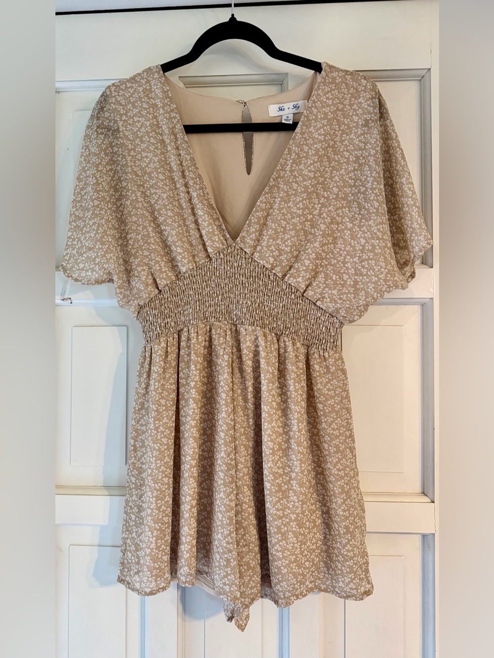 She + Sky Beige Floral Short Romper with Smocked Waist